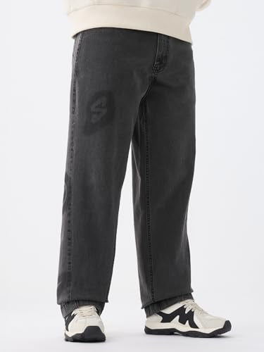 The Souled Store Shadow Drift Men and Boys Zip Fly Charcoal Grey Washed Cotton Spandex Lightweight Comfortable Everyday Baggy Fit Denim Jeans