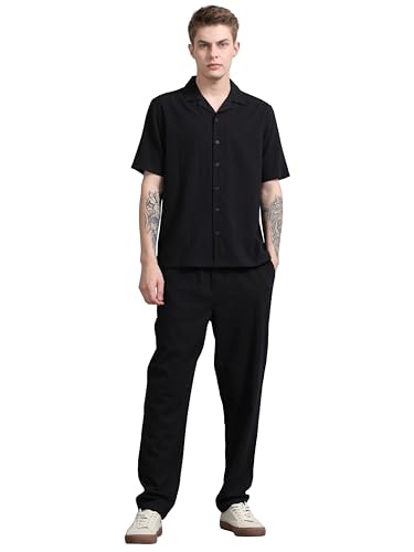 StitchX Men’s Airport Look Textured Seersucker Resort Cotton Shirt & Trouser Co-Ord Set Midnight Black-XL