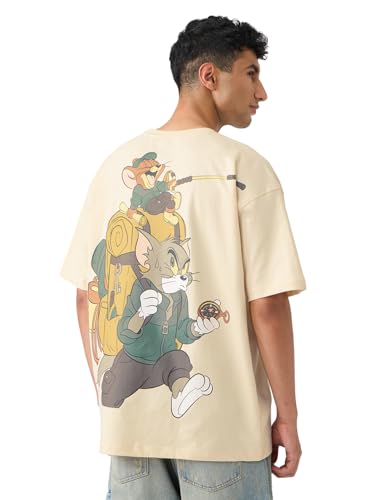 The Souled Store Tom & Jerry: Trekking Club Men and Boys Short Sleeves Round Neck Beige Graphic Printed Cotton Oversized T-Shirts