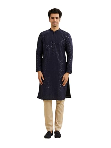 Manyavar Men's Art Silk Sequin Work Kurta Pyjama Set (Dark Blue,S)