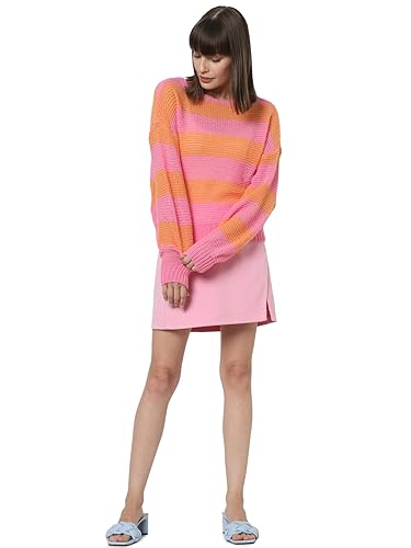 VERO MODA Women Colourblock Polyester Blend Regular Fit Pink Sweater