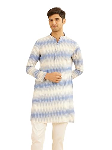 Manyavar Men's Cotton Blend Printed Mid Length Kurta(Light Blue,XXXL)