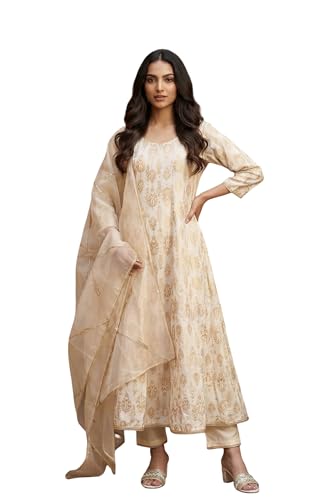 W for Woman Off White Zari Work Jacquard Anarkali Kurta with Straight Pant and Dupatta Set - (WS13229-314322-3XL)