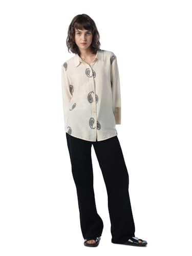 ONLY Women Self Design Oversized Beige Shirt