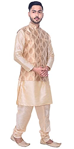 Om Shubh Mangalam Men's Wedding Jacquard Silk Golden Kurta Pajama Golden Jacket