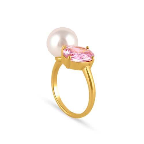 PALMONAS Elegant Pink Crystal & Pearl Ring(Size-Adjustable) | Gift For Women & Girls