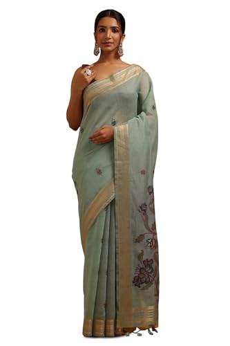Soch Womens Turquoise Blue Chanderi Woven Design Saree