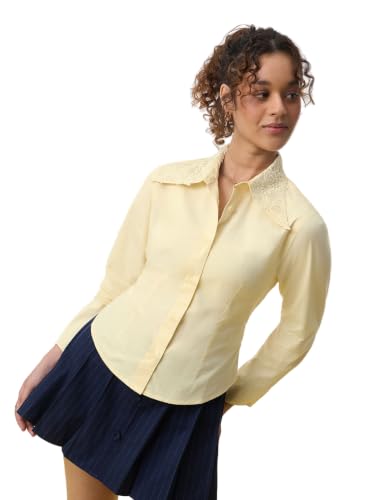 The Souled Store Tailored Solids: Lemon Tonic Women and Girls Full Length Spread Collar Yellow Embroidered Cotton Slim Fit Stretch Fabric Shirt for Formal Wear and Business Casual