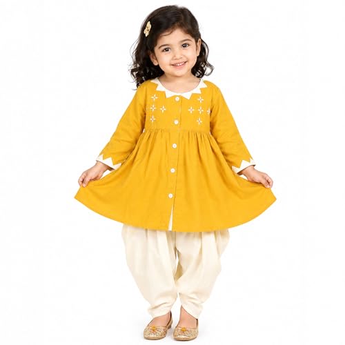 LITTLE GINNIE Kurta Set for Kids Girls 0-3 Months, Cotton, Ethnic Wear For Baby Girl - Mustard
