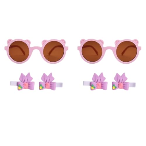Tresneria Kids Fashion Sunglasses and Hair Bow Clip Set | Cute Pink Bear Frame Glasses with Lavender Butterfly Bow Clips Pack of 2