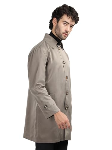 CHKOKKO Polycotton Winter Wear Single Breasted Notch Lapel Tweed Pea Trench Long Standard Length Coat For Men Metalic Grey Xxl