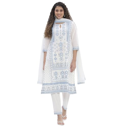 BIBA Women Off-white-Blue Cotton Straight Suit Set_38