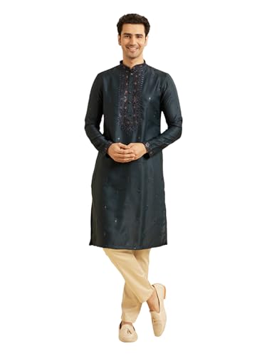 Manyavar Men's Art Silk Neckline Embroidered Festive Kurta Pajama Set (Teal Blue,L)