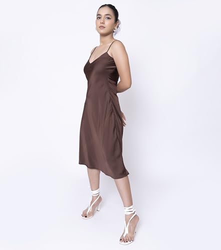Sheux Elegant Satin Midi Dress with Shoulder Straps – Timeless Style Meets Effortless Glamour (S) Dresses for Women & Girls Brown