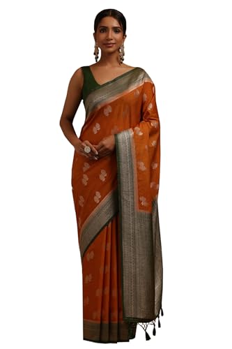 Soch Womens Rust Viscose Silk Floral Zari Woven Saree