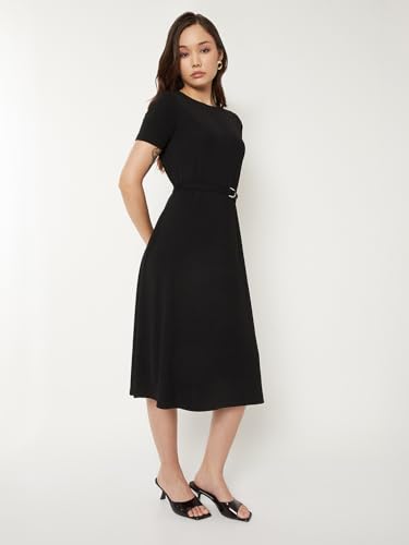 Max Women Textured A-line Belted Dress (Black_S)