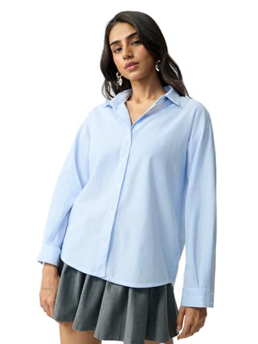 The Souled Store Stripe Shirt: Blueprint Women and Girls Full Sleeves Spread Collar Light Blue Striped Cotton Oversized Fit Lightweight All-Season Shirt for Casual Wear