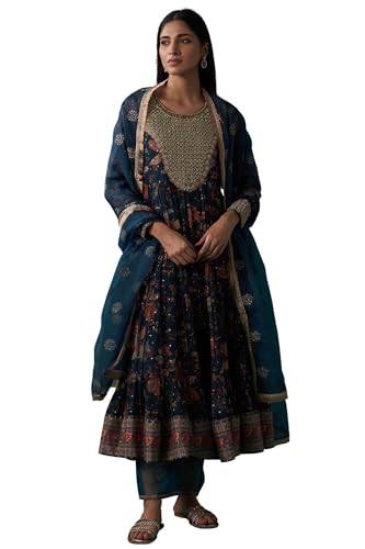 Wishful Women's Teal Floral Printed Metallic Embroidery Anarkali Kurta with Parallel Pants and Dupatta Set (SP12625-125648-M)