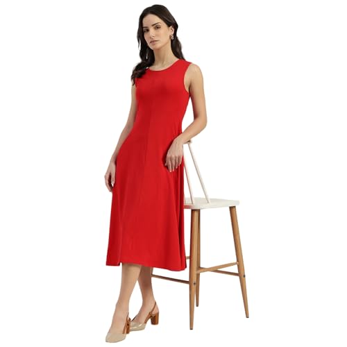 United Colors of Benetton Round Neck Solid A-Line Dress (Size: M) - 26P3E99W3821IRC5 Red