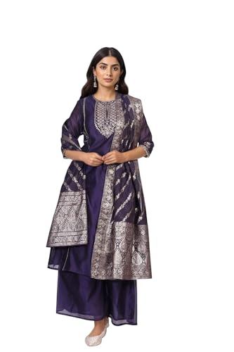 W for Woman Purple Zari Embroidered A Line Kurta with Flared Pant and Dupatta Set (WS13285-224374-XS)