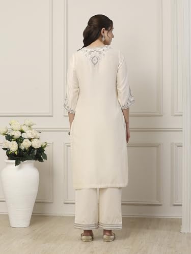 BIBA Women White Silk Chanderi Straight Suit Set_42