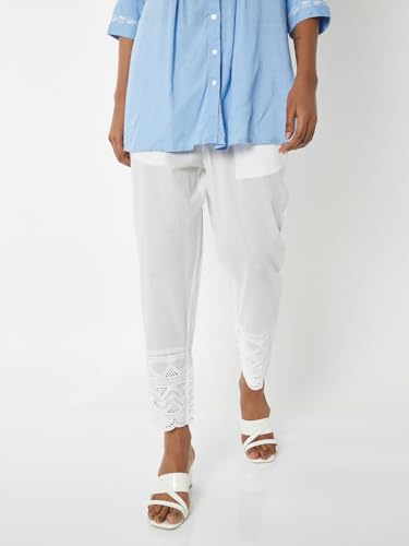Max Women Embroidered Hem Straight Pants (White_XL)