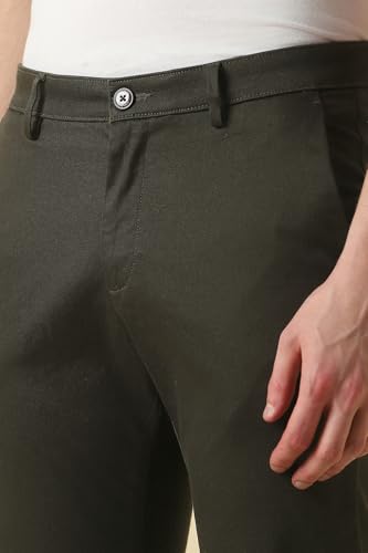 Men Dark Olive Solid Casual Trousers