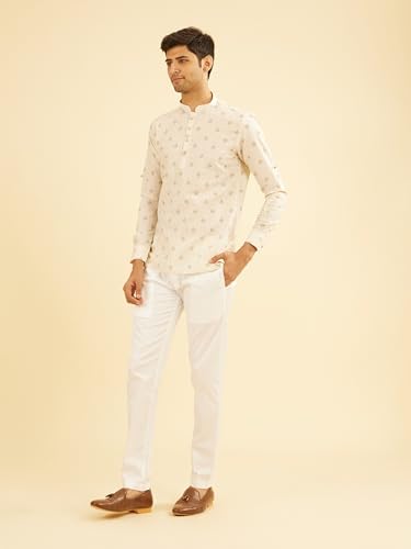 Manyavar Men's Cotton Blend Buta Motifs Printed Short Kurta (Beige,L)