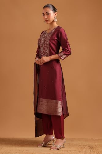 Soch Womens Wine Organza Botanical Zari Woven Hand Embroidered Salwar Suit