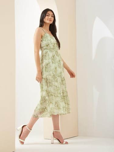 Latin Quarters Women Green Sweetheart Sleeveless A-Line Printed Casual Dress_S
