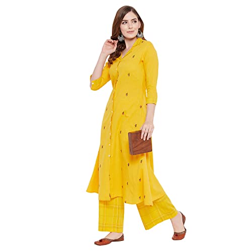 Rangavali Kurti Palazzo Set for Women | Readymade Straight Salwar Suit | Mangalgiri Cotton Straight Kurta for Womens | Printed Kurta with Printed Plazzo | 2 Pcs Set | L, 36 Yellow