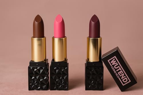 WUTEND Luxury Matte Lipstick Set, 3 Rich Shades, Gold Cap with Black Base, Brown Pink Plum Colors