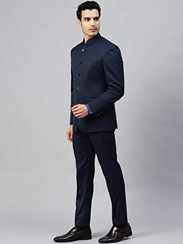 MANQ Men Navy Blue Solid Slim Fit Bandhgala Suit (Size:40)