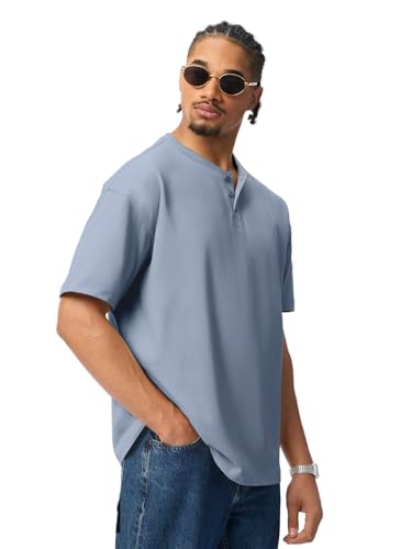 The Souled Store: Marine Men and Boys Short Sleeve Band Neck Henley Solid Textured Cotton Oversized Fit Lightweight Drop Shoulder Streetwear Trendy Polo Shirts
