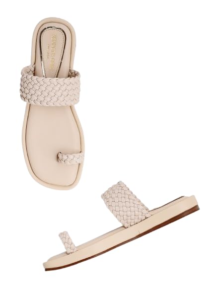 KENNETH COLE Women's Flat Slide Sandal | Ladies Open-Toe Slip-On | Premium Synthetic Upper | Intricate Woven Strap, Modern Toe Ring Design