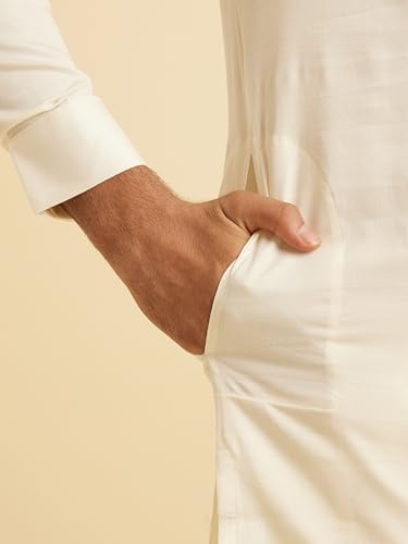 Manyavar Men's Cotton Solid Kurta Set (Cream,S)