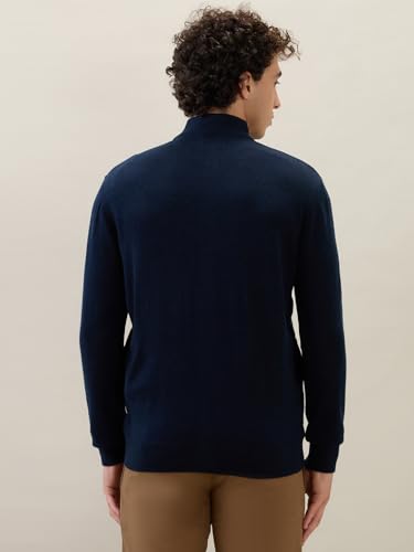 Raymond Men Regular Fit Structure Pattern Acrylic Wool Blend V Neck Full Sleeve Casual Winter Wear Blue
