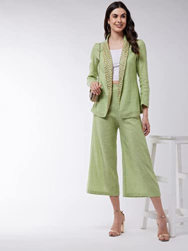 Zima Leto Women'S Solid Pastel Blazer And Pant Set | Full Sleeves Shawl Collar Cotton Solid Clothing Set - (Green, M)