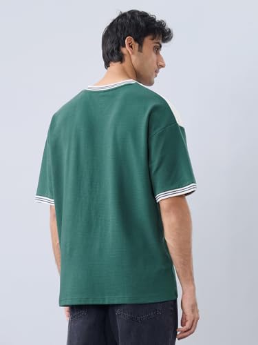 The Souled Store Racer Men and Boys Short Sleeves V-Neck Dark Green Colour-Block Retro Athletic Casual Drop Shoulder Streetwear Trendy Oversized T-Shirt