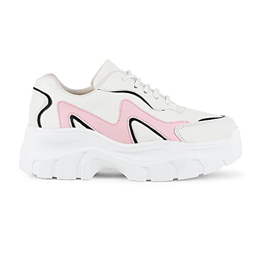 LENSBURY Women's Shoes for Walking Gym Training, Casual, Sports, Slip-On, Lightweight Lace up Athletics Slipon Running Sneaker for Ladies and Girls LBCNV-THAR-6056BL-37 White