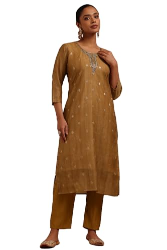 Soch Womens Gold Chanderi Floral Kurta Set With Cutdana