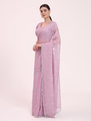 FIORRA Women's Lavender Organza Crushed Siroski Work Embellished Border Saree With Unstitched Blouse