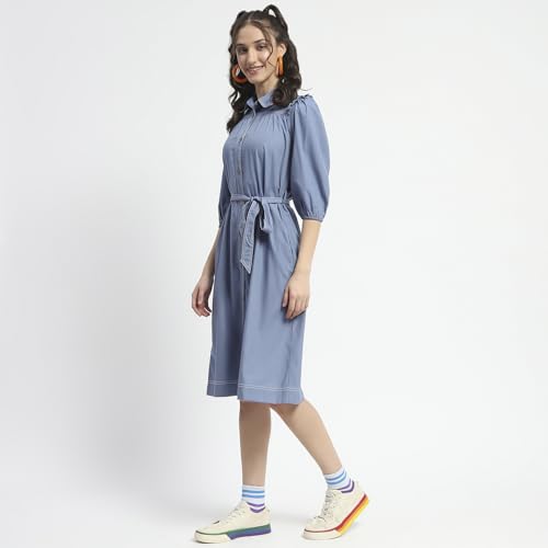 Madame Cotton Blend Belted Waist Blue Midi Shirt Dress for Women