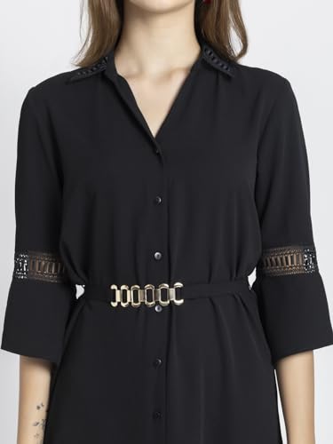 SHAYE Black Party 3/4th Sleeves Shirt Collar Solid Mini Dress for Women