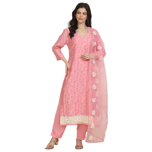 Biba Women's Pink Silk Blend Machine Embroidered Unstitched Suit Set