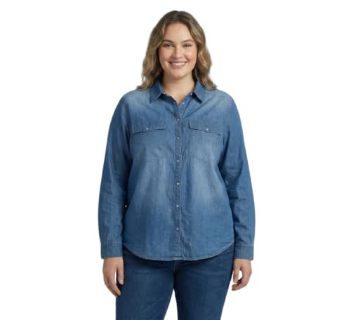 9 Impression Blue Solid Long Sleeve Plus Size Women's Denim Shirt with Flap Pocket On Chest (Blue; 4XL)