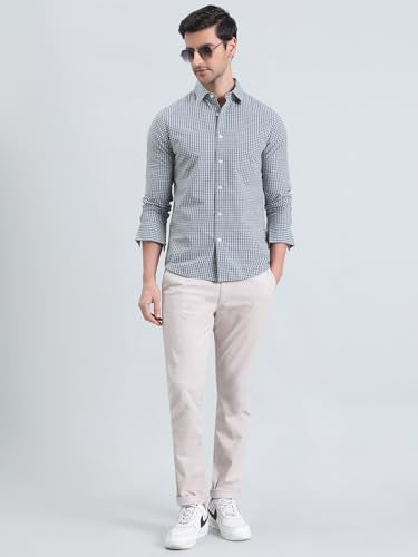 GO COLORS Collared Casual Check Shirt for Men | Pure Cotton, Full Sleeves, Regular Fit, Patch Pocket | (Dark Jean Blue, 44)