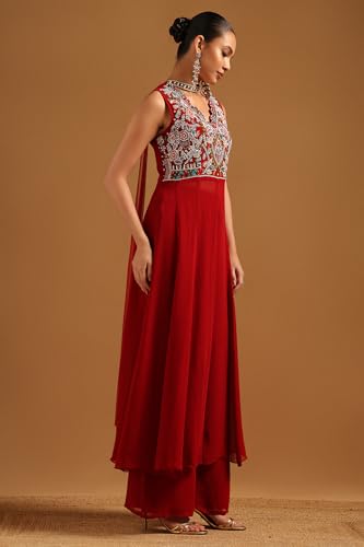 Soch Womens Red Georgette Botanical Salwar Suit With Beads And Stones