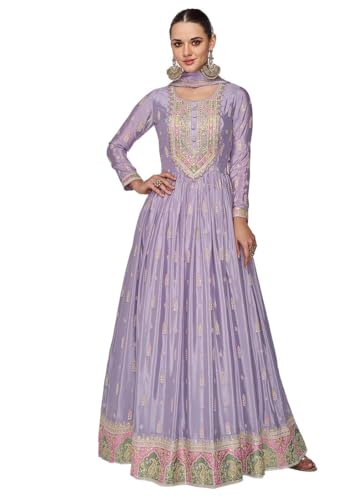 Shampysky Women's Purple Chinon Stitched Top With Dupatta Full Sleeve Embroidered Anarkali Gown (SSW-1179-Purple-XL)