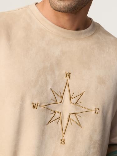 The Souled Store Compass Men and Boys Short Sleeves Round Neck Beige Embroidered Casual Lightweight Drop Shoulder Streetwear Trendy Oversized T-Shirts
